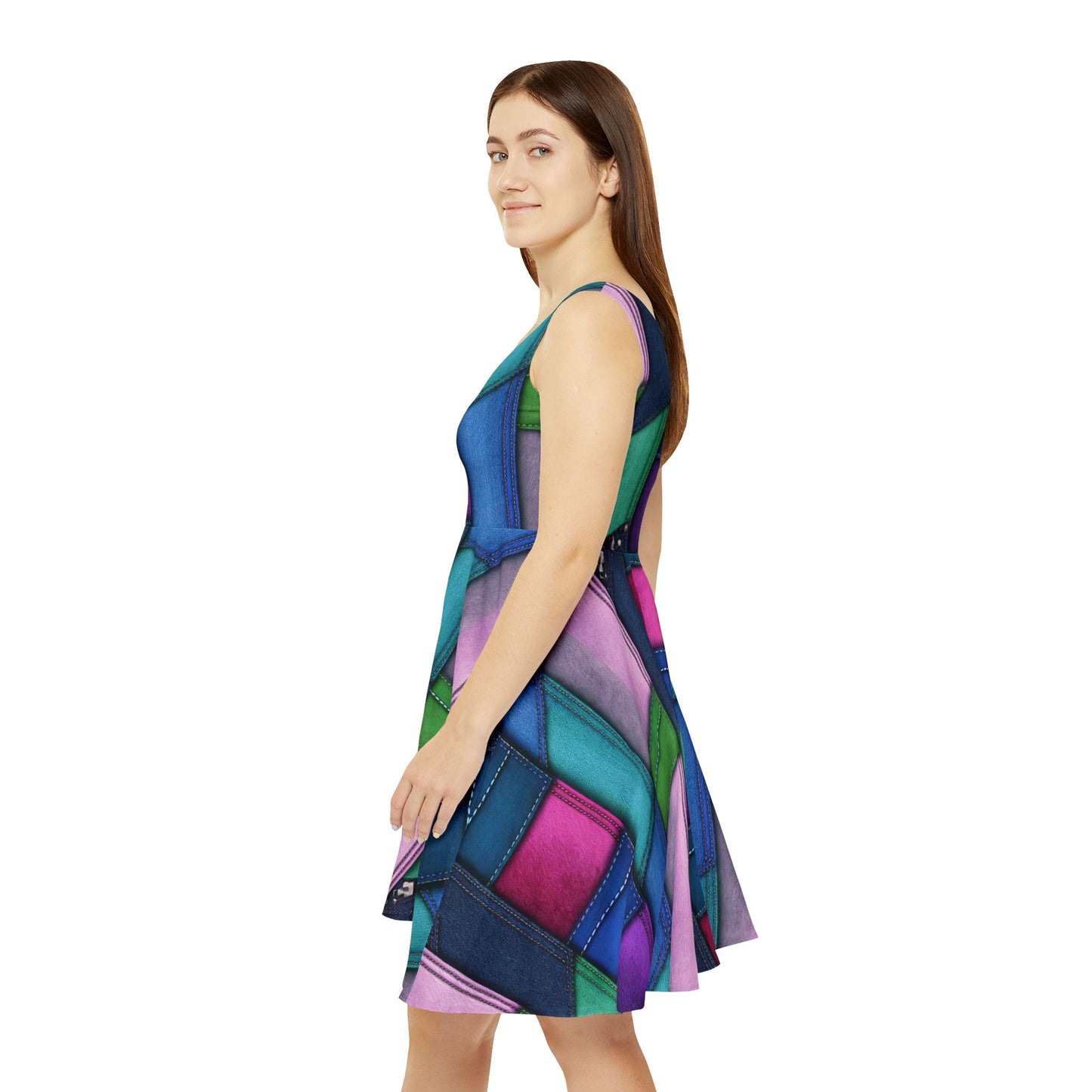 Women Denim Print Skater Dress, Denim Print Poly-Span Dress - 7