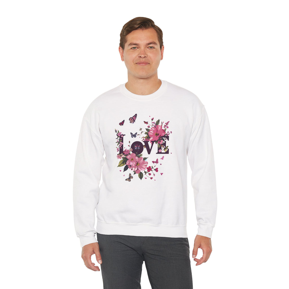 Unisex Floral Love Sweatshirt, Love Floral Sweatshirt, Floral Butterfly Sweatshirt, 50/50 Cotton-Poly Valentine's Day Sweatshirt 05