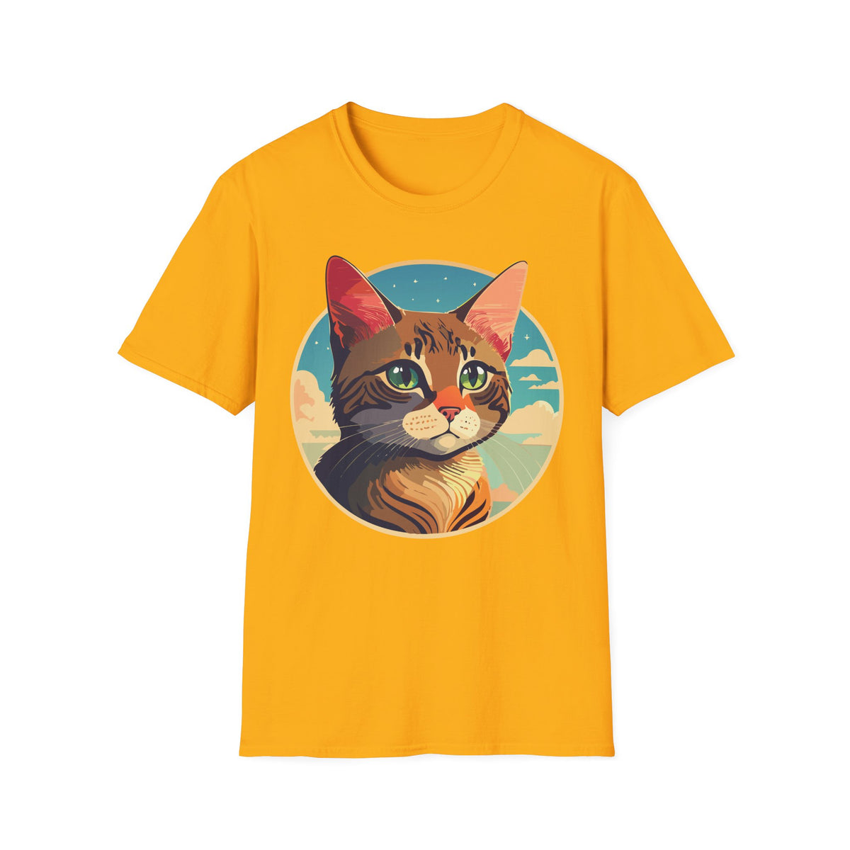 Retro Sunset Tabby Cat T-Shirt | Vintage Cat Portrait, Nautical Sky