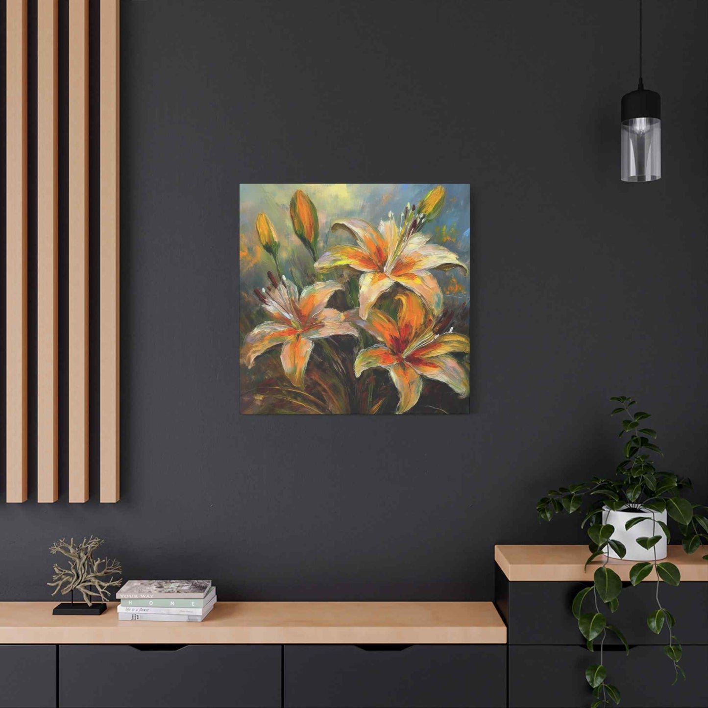 Gold Lilies Print Canvas, Floral Oil Paint Print 20x20, 24x24, 30x30, 32x32, 36x36 Art Design Pine-Wood Inner Frame MC-152
