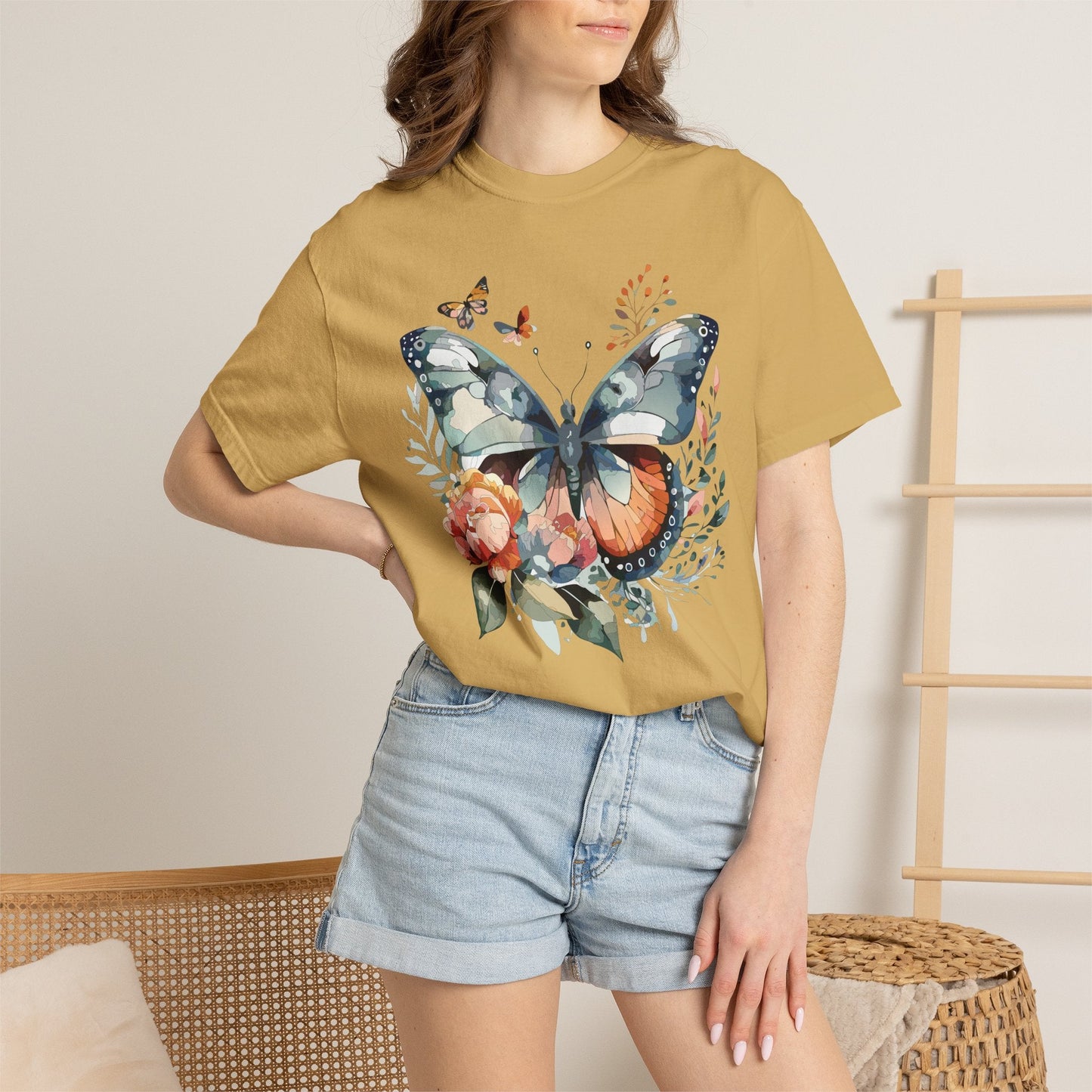 Butterfly Floral Print T-Shirt Botanical Design Unisex Heavy Cotton Tee b1