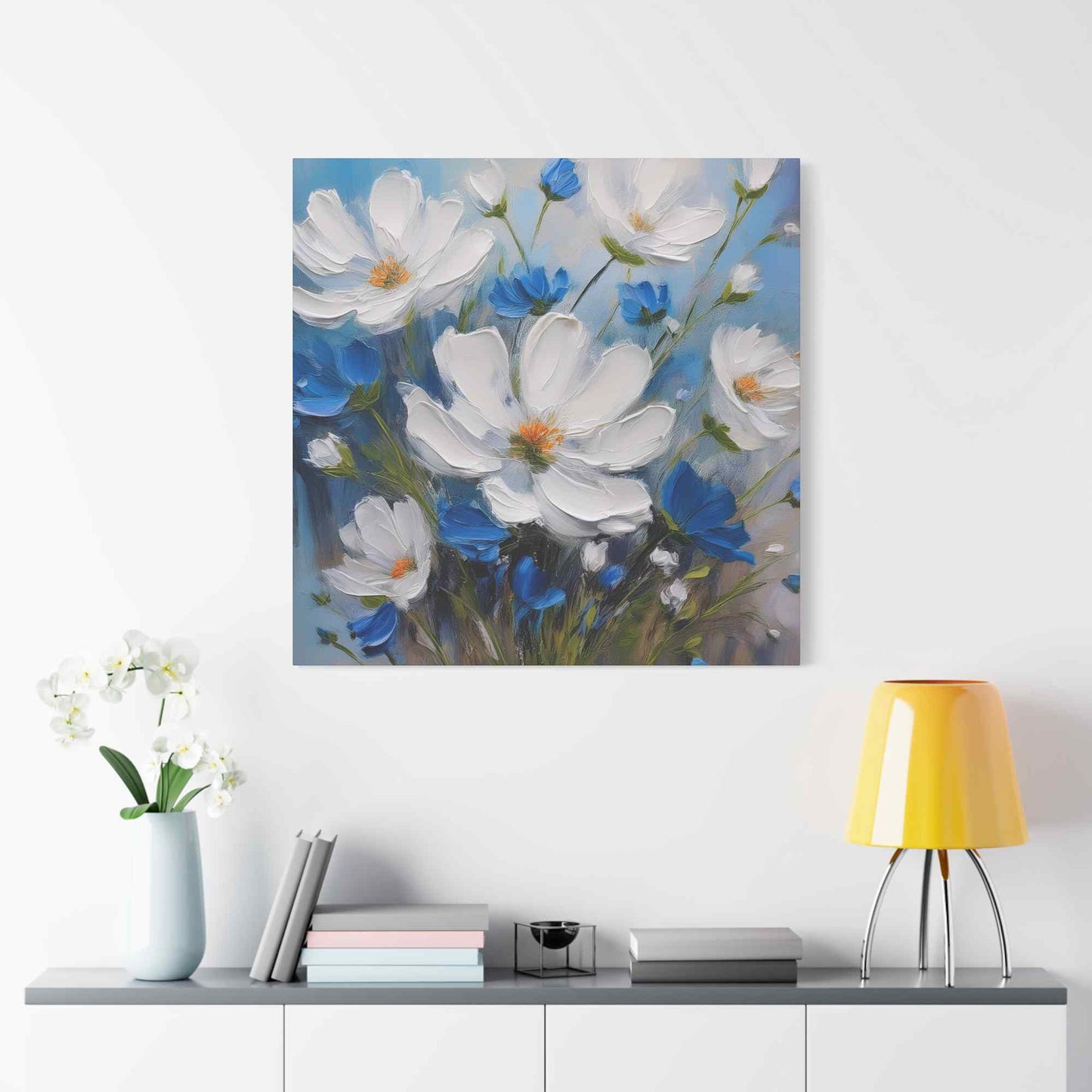 White Flowers Print Canvas, White Flowers Oil Paint Print 20x20, 24x24, 30x30, 32x32, 36x36, Art Design Print Non-Frame MC-9