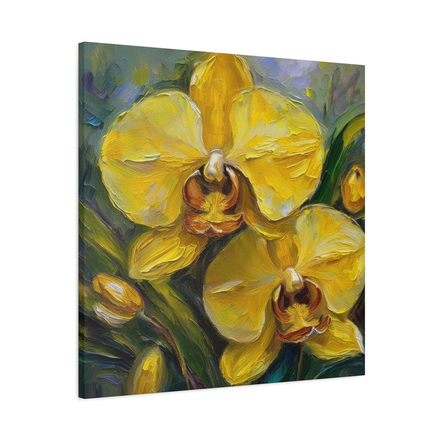 Yellow Orchids Print Canvas, Floral Oil Paint Print 20x20, 24x24, 30x30, 32x32, 36x36 Art Design Pine-Wood Inner Frame MC-140