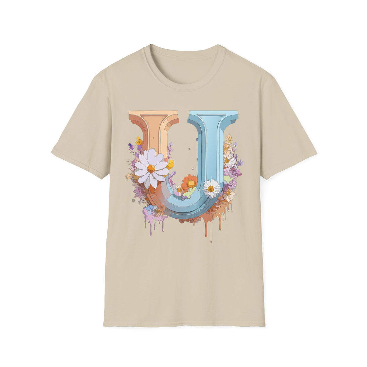 Floral Letter U T-Shirt | Vintage Block Initial with Daisies