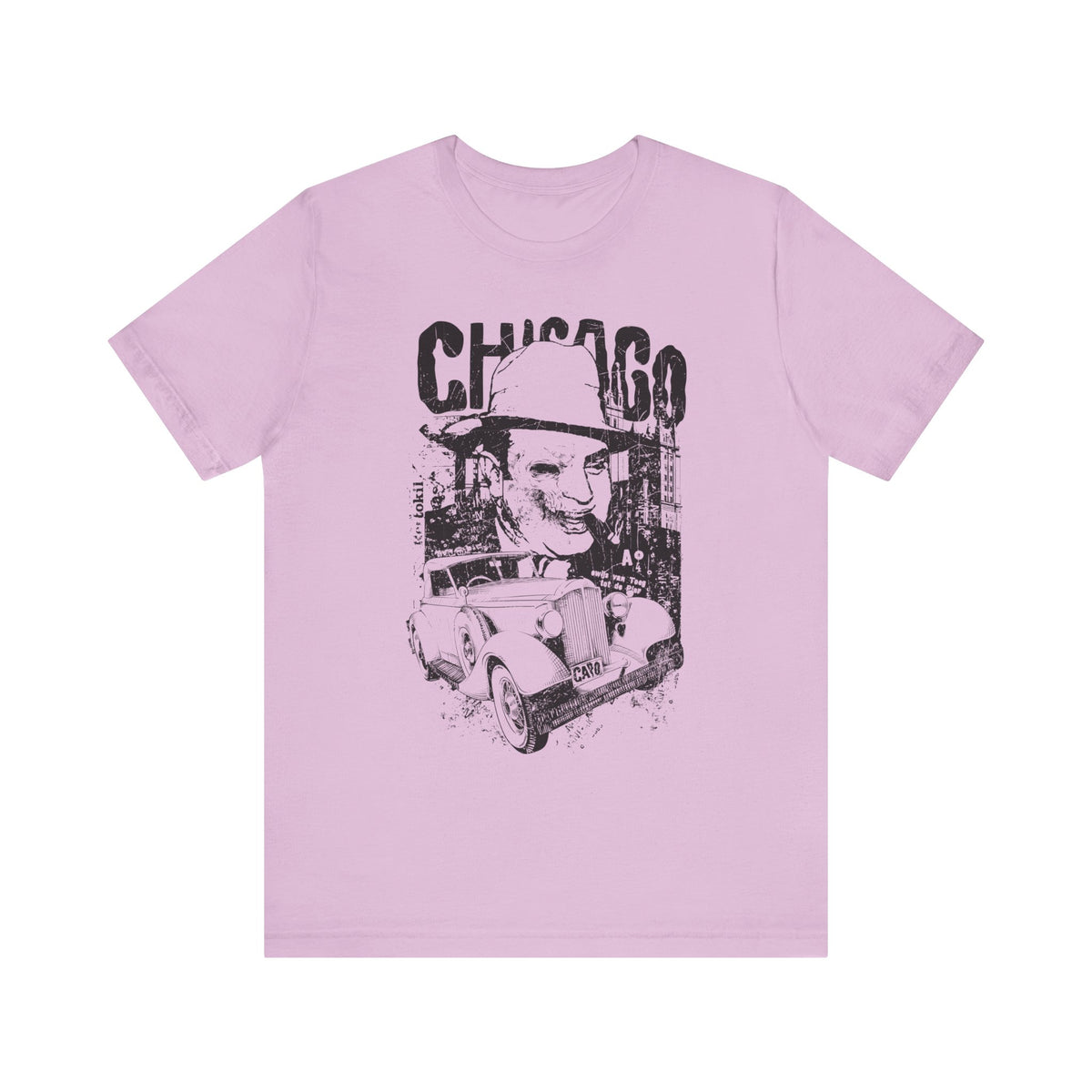 Chicago Retro Mobster Illustration Tee Vintage Car Cityscape Art Design Unisex Cotton T-Shirt A-8