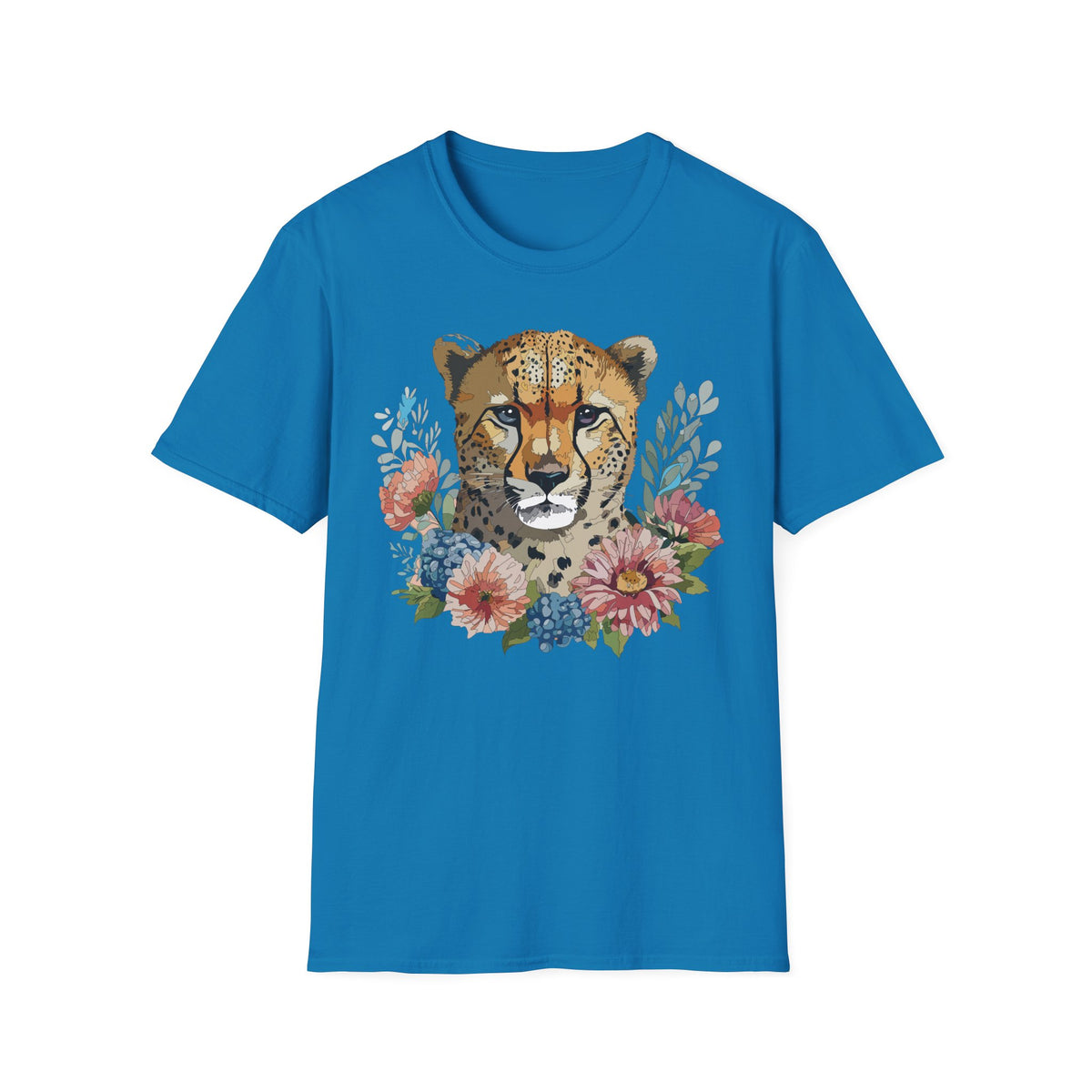 Floral Cheetah Face T-Shirt | Wild Cat Illustration, Botanical Accent
