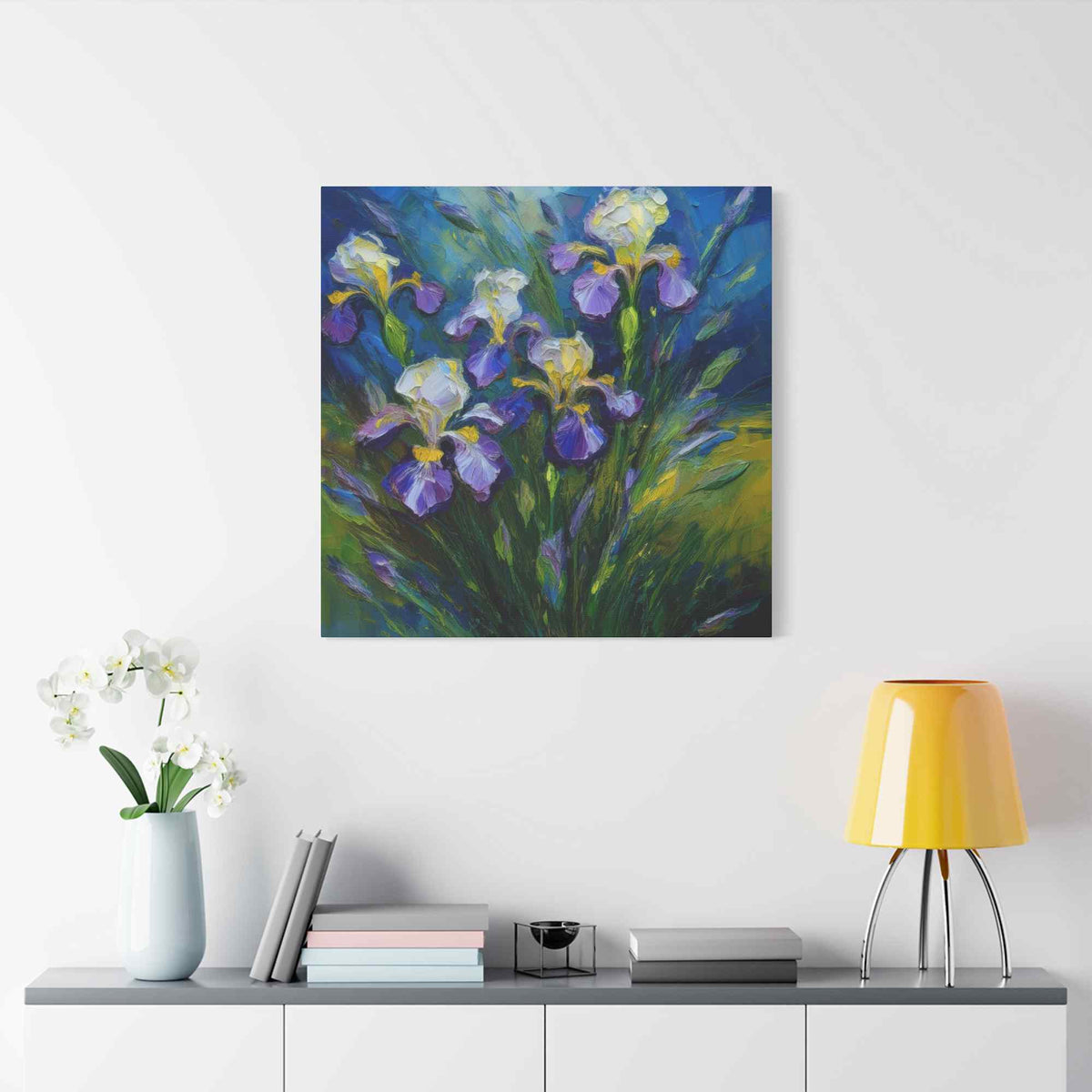 Irises Floral Print Canvas, Floral Oil Paint Print 20x20, 24x24, 30x30, 32x32, 36x36 Art Design Pine-Wood Inner Frame MC-185