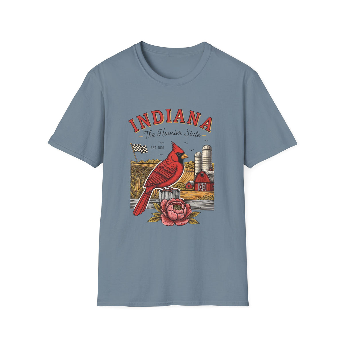 Indiana Cardinal Bird Farm Tee — Indiana The Hoosier State Graphic Travel Tourist Graphic Design Unisex 100 Cotton Gildan T-Shirt