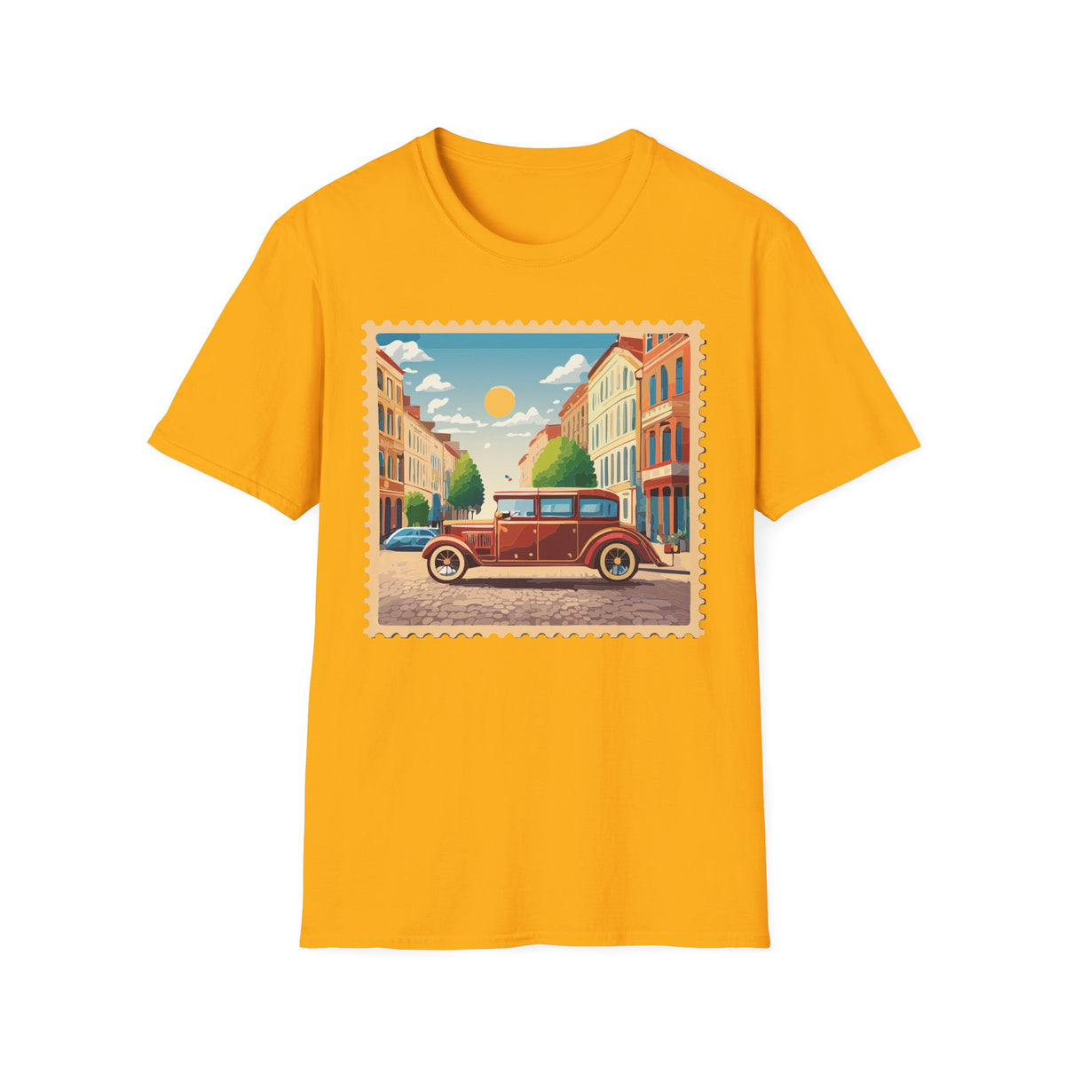 Vintage City Street Illustration T-Shirt | Retro Car, Sunny Urban Graphic Tee Unisex 100 Cotton Gildan T-Shirt