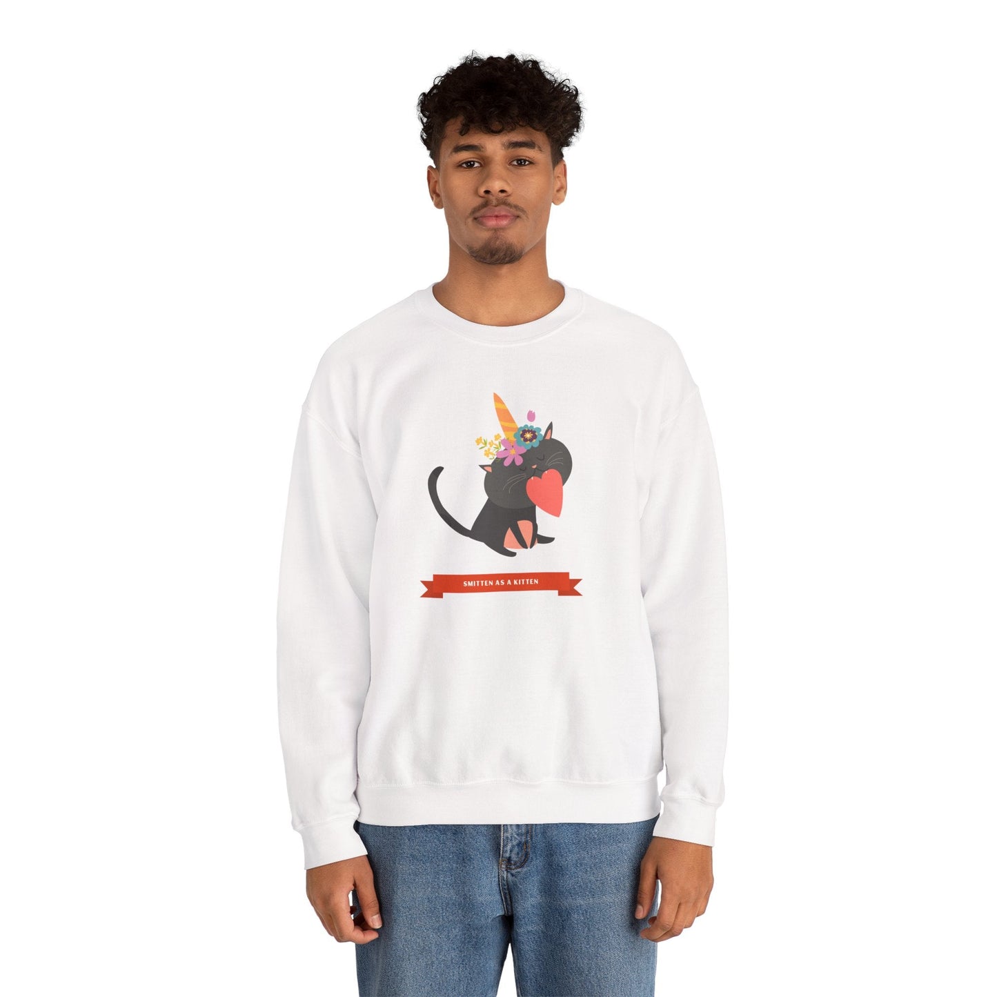 Cat Heart Sweatshirt Unisex Valentine Gift 50/50 Cotton-Poly Crewneck Gildan 18000