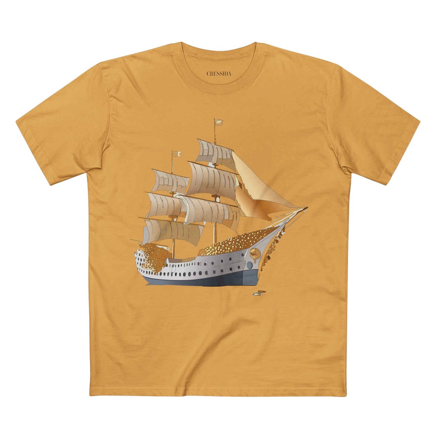 Ship Graphic Unisex 100 Cotton T-Shirt with Gold Frigate Art Design 25