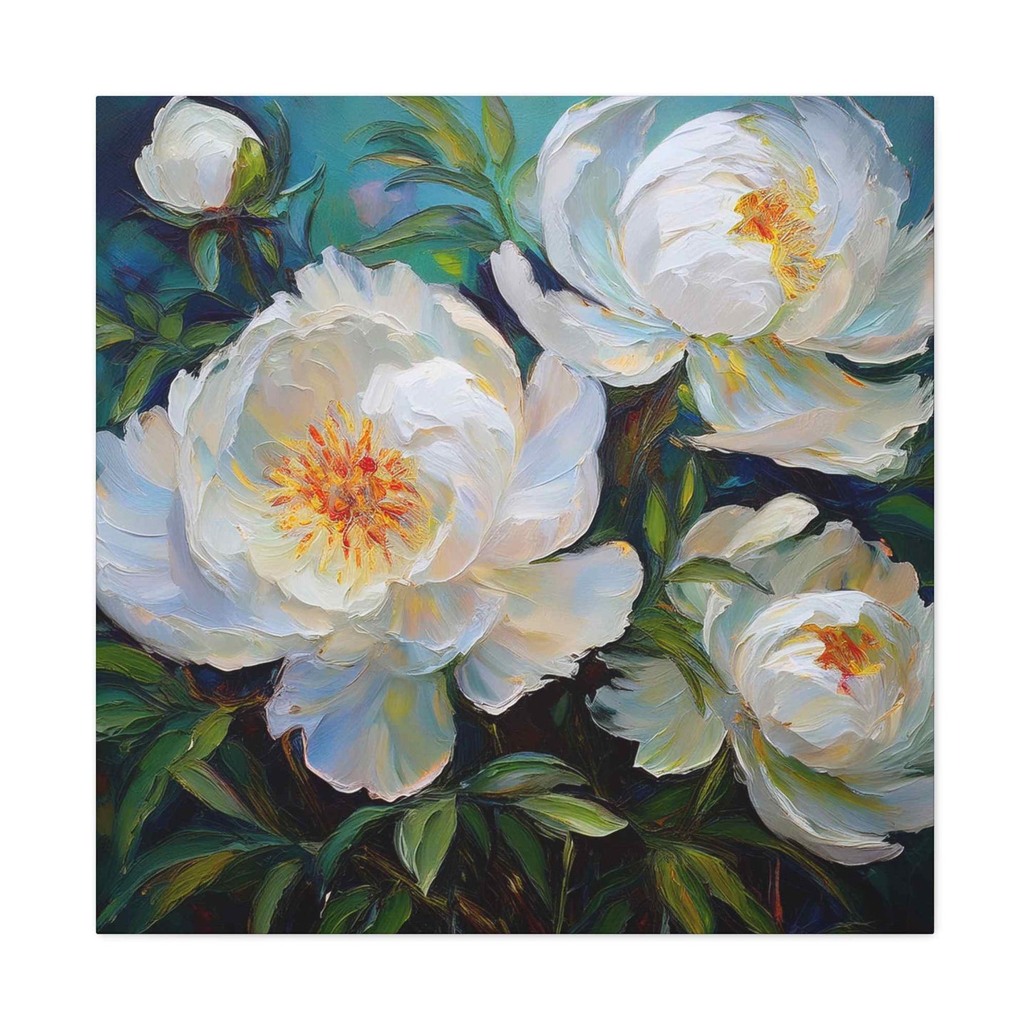 White Peonies Print Canvas, Floral Oil Paint Print 20x20, 24x24, 30x30, 32x32, 36x36 Art Design Pine-Wood Inner Frame MC-119