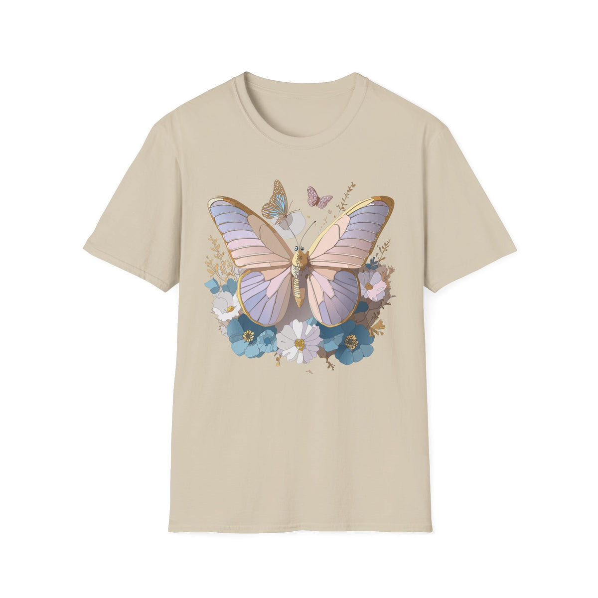 Butterfly Floral T-Shirt — Pastel Moth & Wildflower Graphic Design Unisex 100 Cotton Gildan T-Shirt