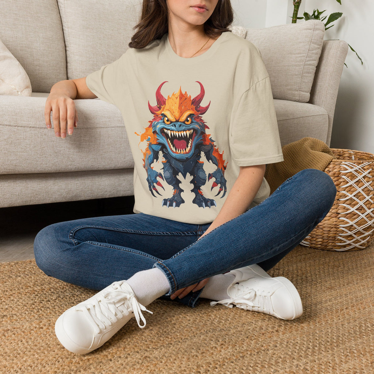 Monster T-Shirt — Fiery Demon Creature Cartoon Graphic Tee Unisex 100 Cotton Gildan T-Shirt