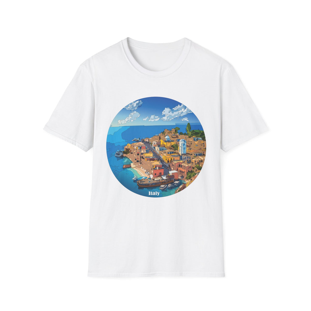 Italy Mediterranean Coastal Village Illustration T-Shirt | Seaside Landscape Tee