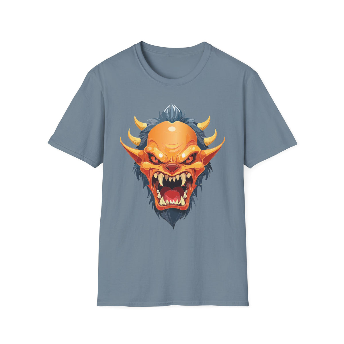 Demonic Oni Mask T-Shirt — Fierce Japanese Demon Face Cartoon Graphic Tee Unisex 100 Cotton Gildan T-Shirt