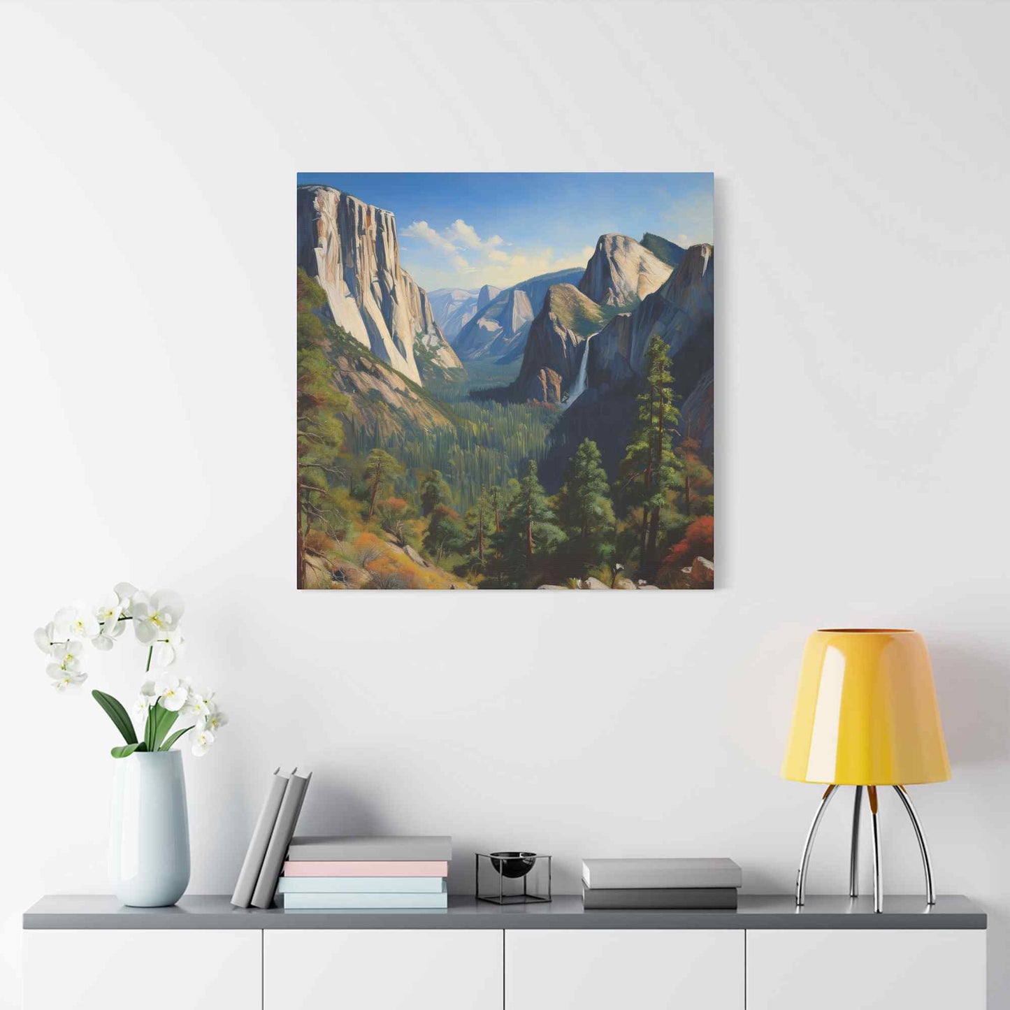 Yosemite Valley Print Canvas, Oil Paint Print 20x20, 24x24, 30x30, 32x32, 36x36 Art Design Print Pine-Wood Inner Frame MC-60