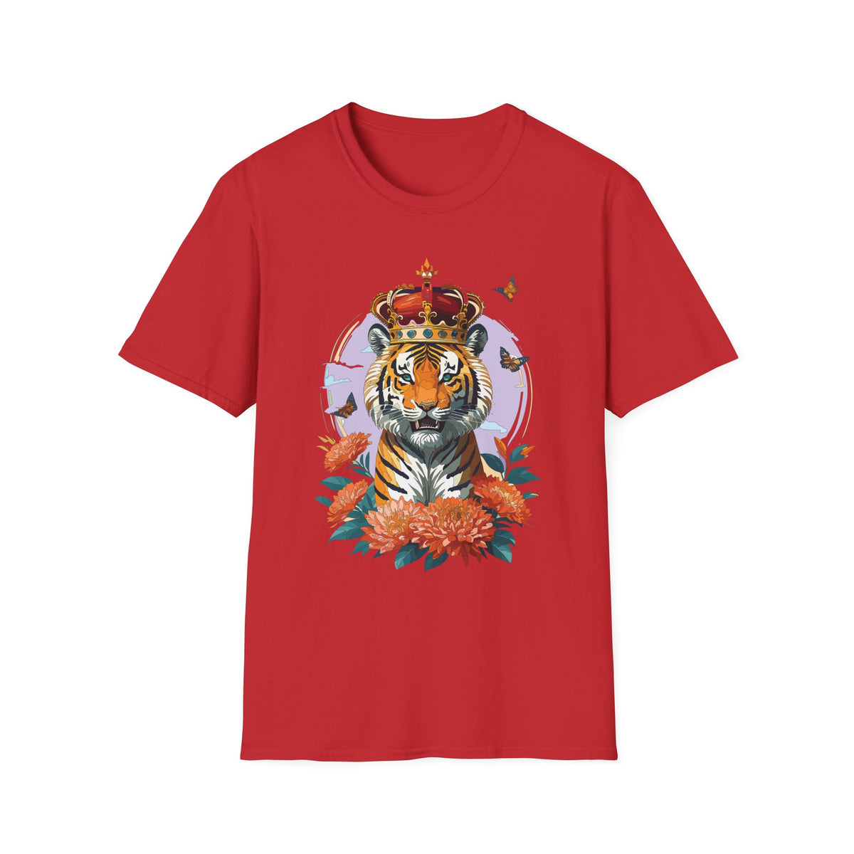 Tiger with Crown T-Shirt | Regal Tiger Artwork, Floral Accents - Unisex 100 Cotton Gildan 64000