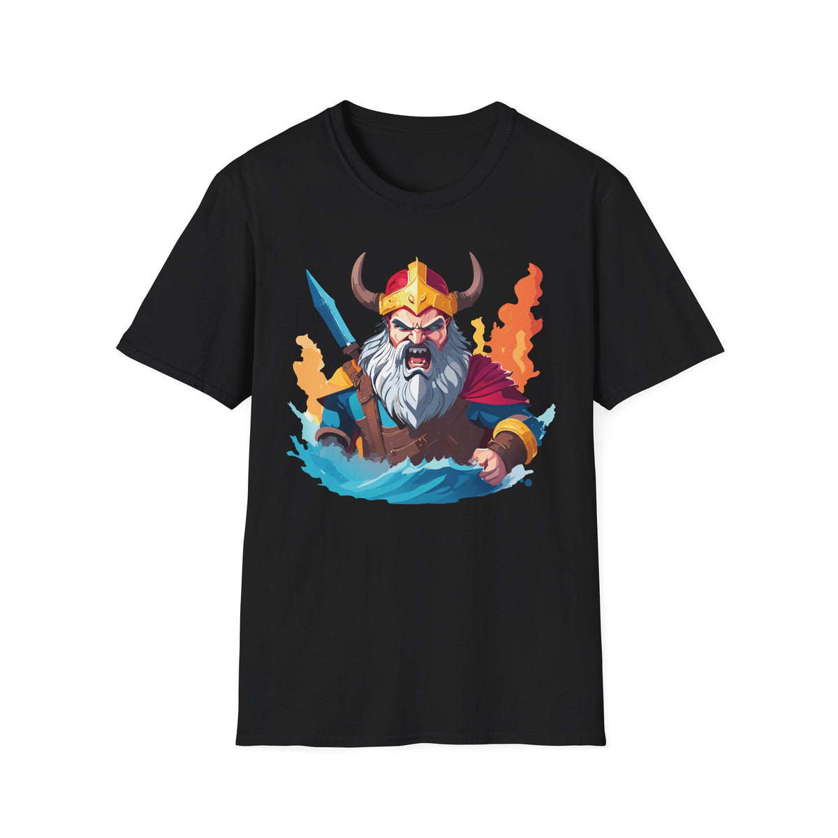Viking Warrior Illustration T-Shirt | Horned Helmet, Sword, Flames