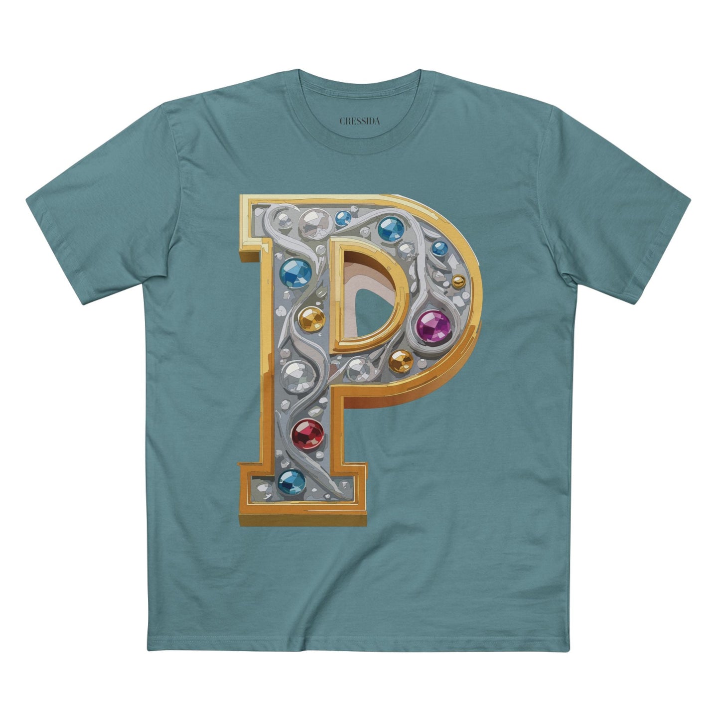 Letter P Graphic Design Tee Unisex 100 Cotton With Antique Gold Letters Artwork T-Shirt