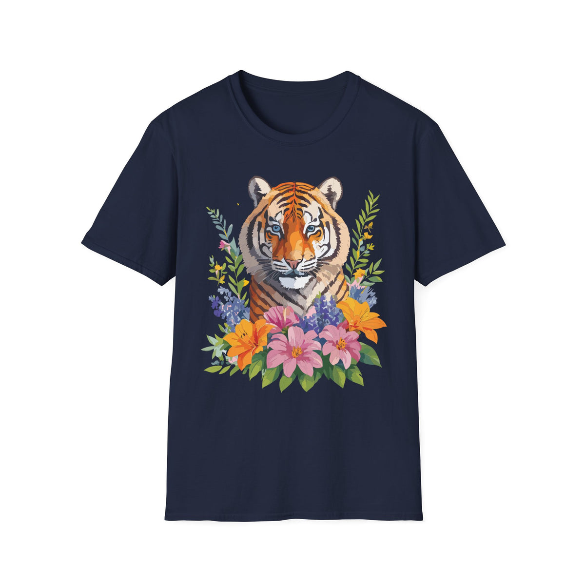 Floral Tiger Illustration T-Shirt | Tiger Face with Flowers