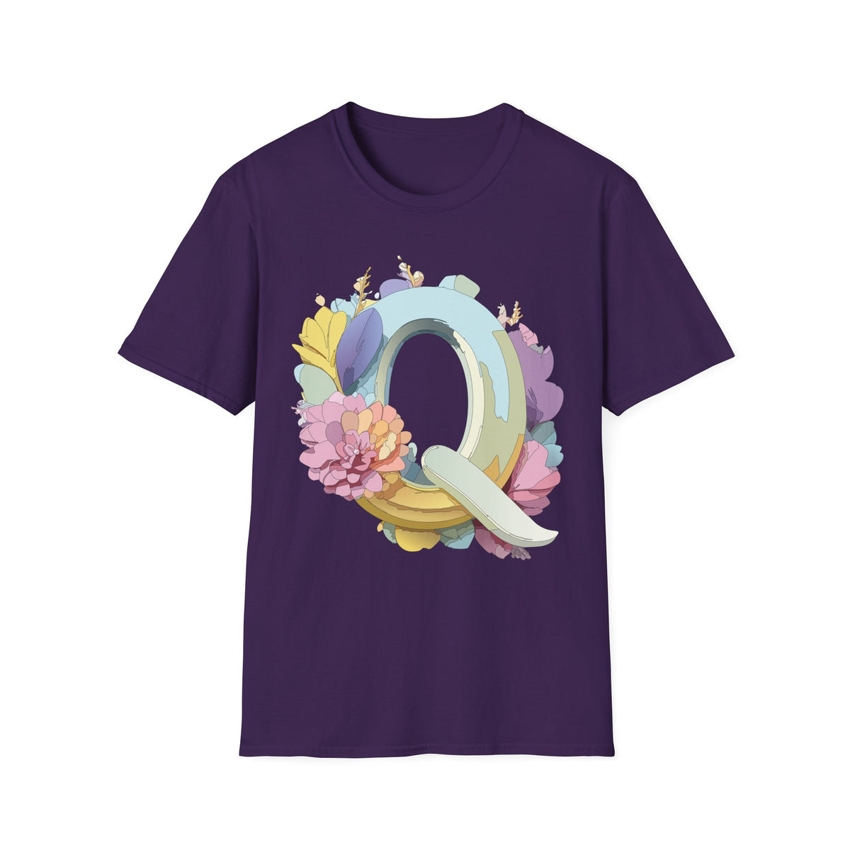 Floral Letter Q T-Shirt | Pastel Monogram Tee, Botanical Initial Shirt