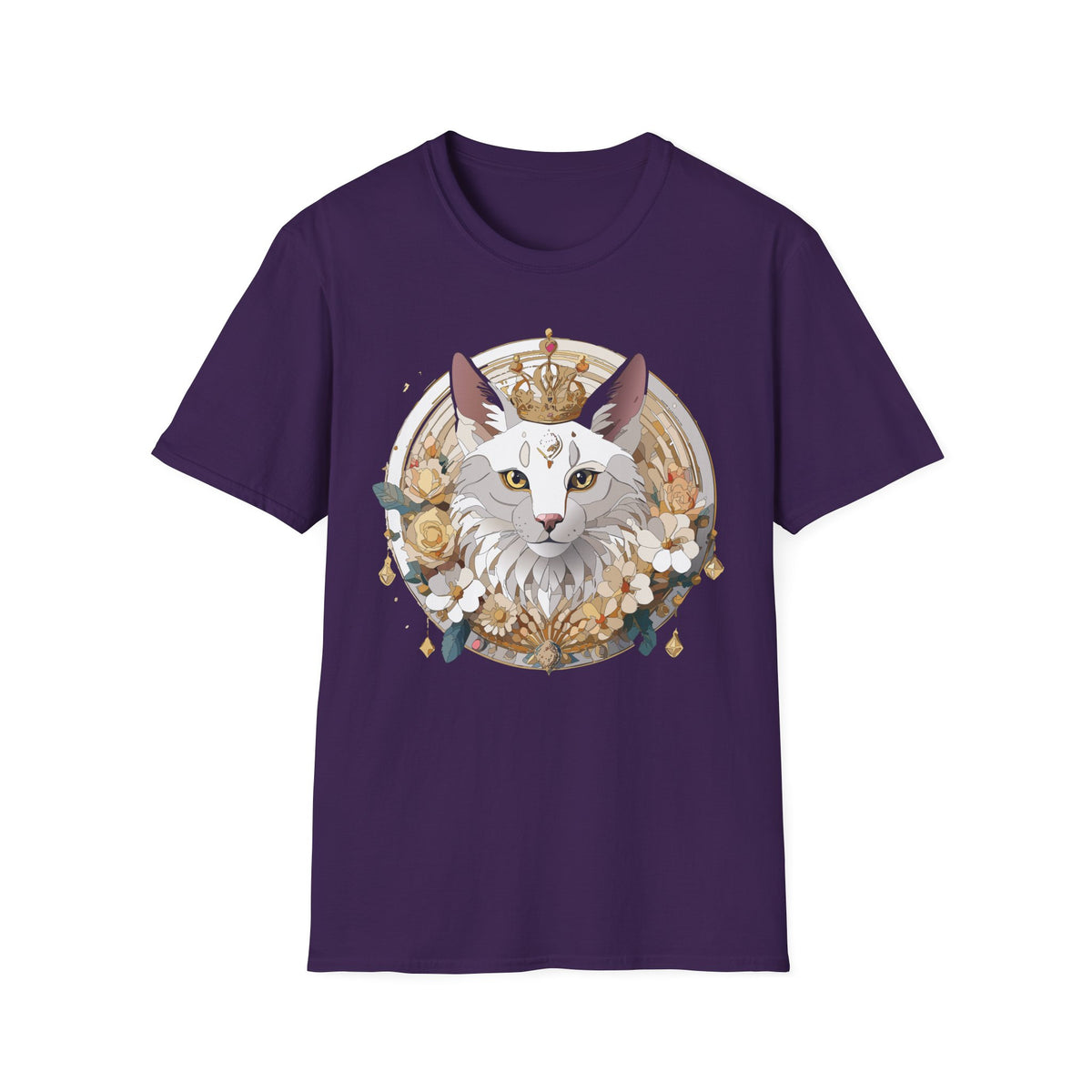 Regal Cat Crown graphic T-Shirt | White Cat Illustration, Floral Halo