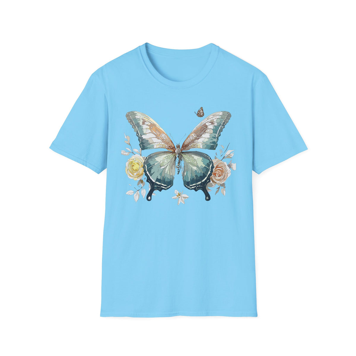 Teal Watercolor Butterfly T-Shirt | Floral Accent Graphic Tee Unisex 100 Cotton Gildan T-Shirt