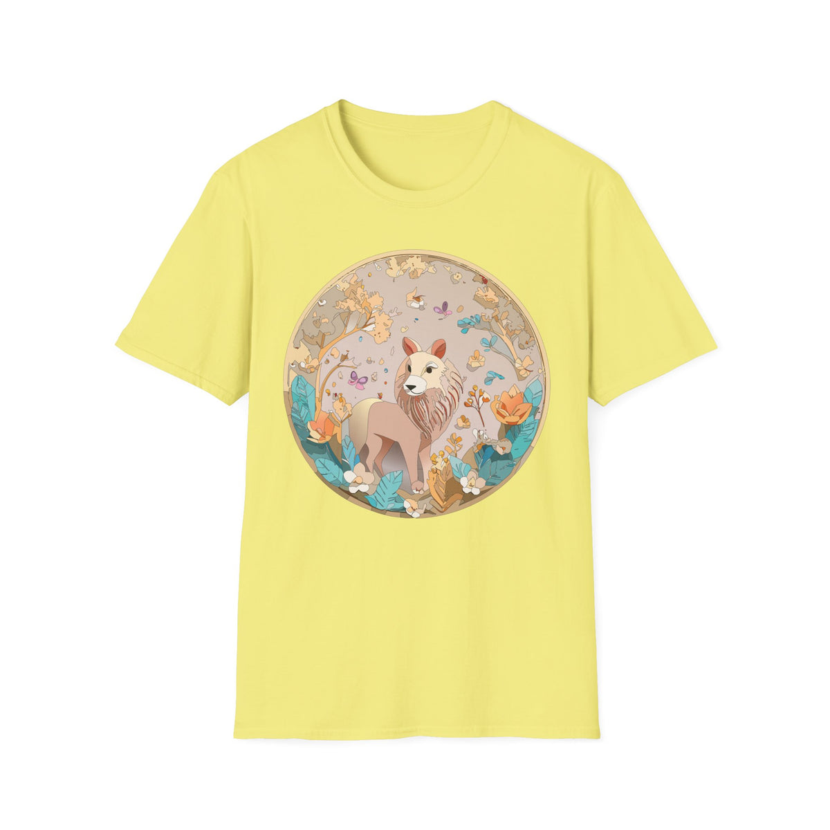 Whimsical Lion Garden Illustration T-Shirt | Floral Circle Art
