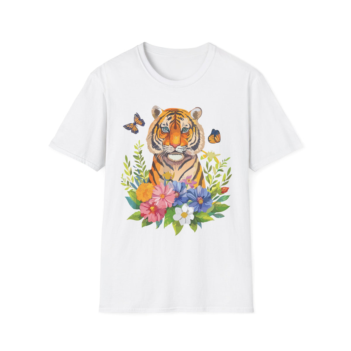 Tiger Portrait T-Shirt | Watercolor Tiger with Butterflies and Floral Accents