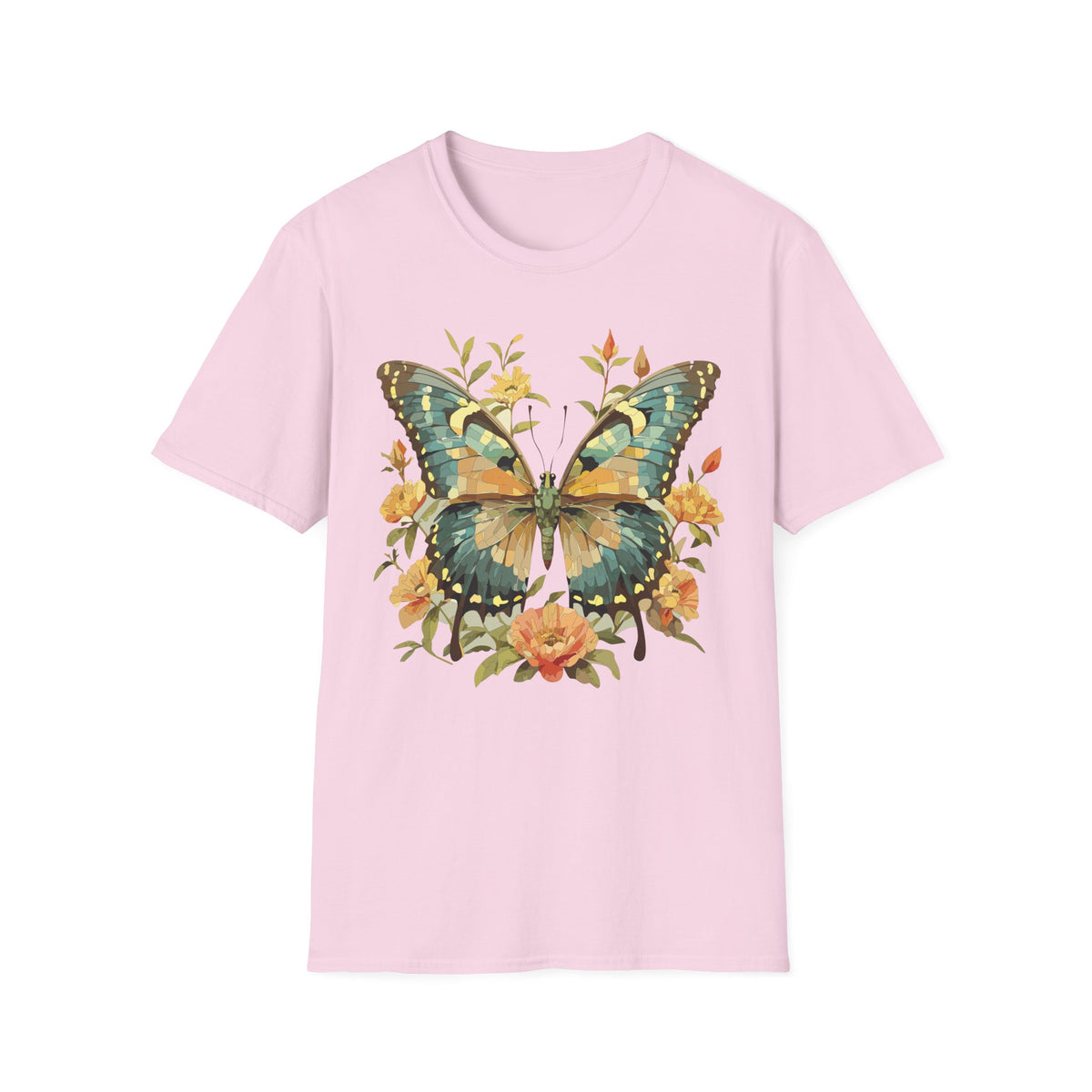 Butterfly Floral T-Shirt — Vintage Green & Gold Garden Graphic Tee Unisex 100 Cotton Gildan T-Shirt