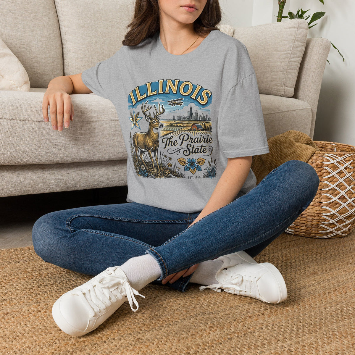 Illinois The Prairie State T-Shirt — Deer & Skyline Vintage Travel Tourist Graphic Tee Unisex 100 Cotton Gildan T-Shirt