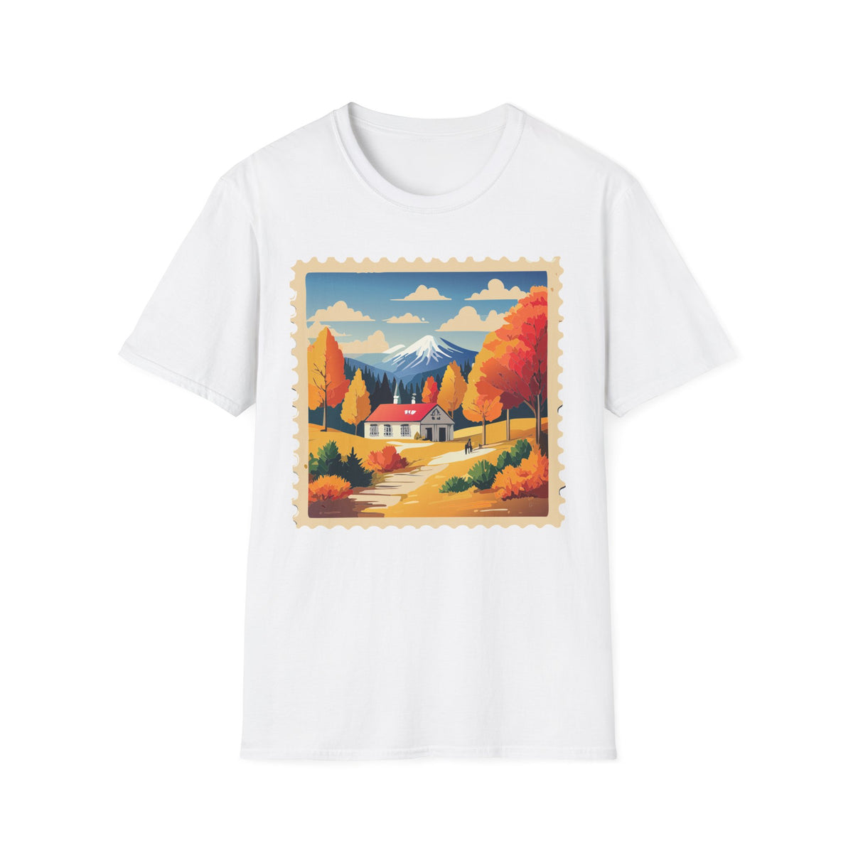 Autumn Mountain Cabin T-Shirt | Fall Landscape Stamp Art