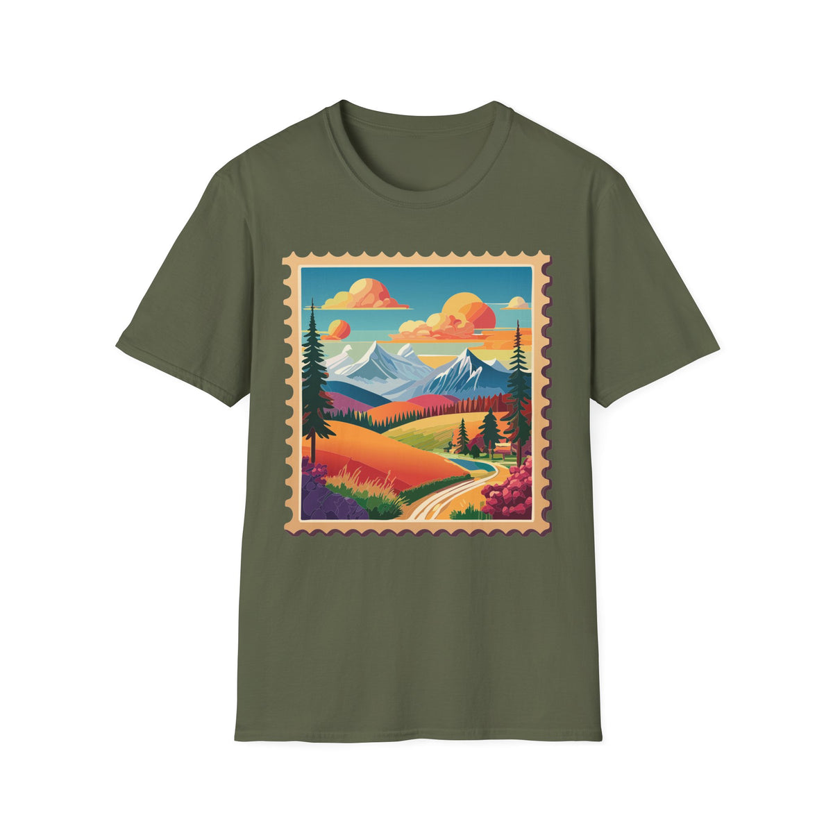 Vintage Mountain Landscape T-Shirt | Scenic Stamp Illustration