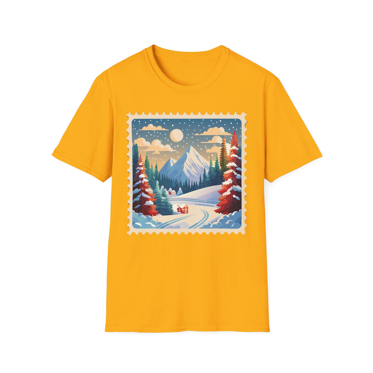 Vintage Winter Mountain Scene T-Shirt | Snowy Peaks Forest Illustration