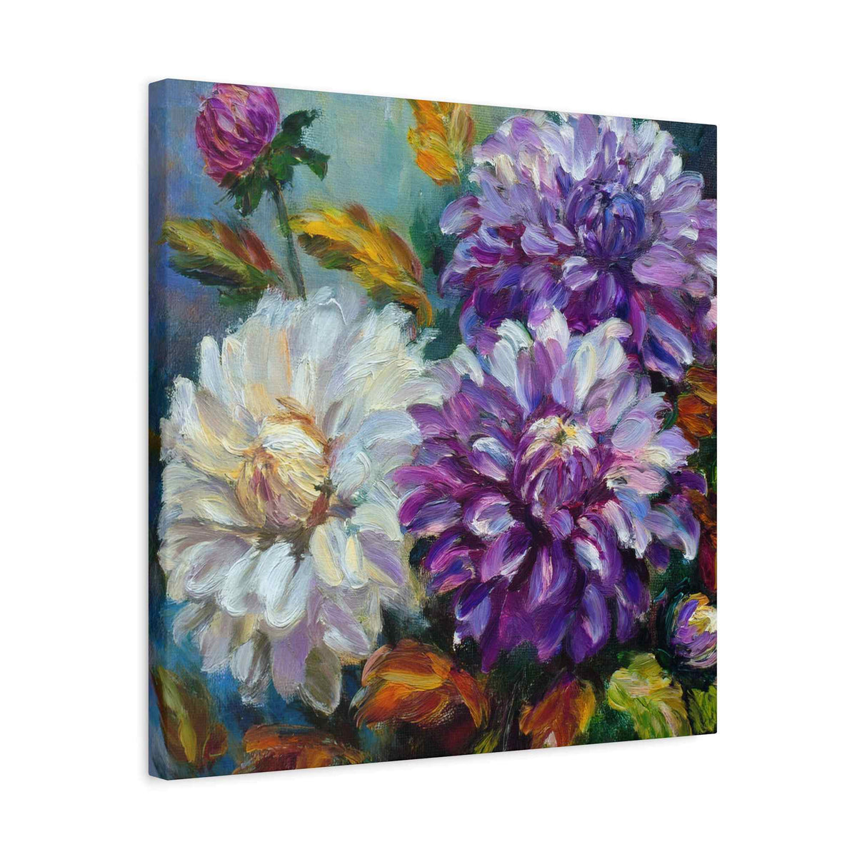 Dahlias Floral Print Canvas, Floral Oil Paint Print 20x20, 24x24, 30x30, 32x32, 36x36 Art Design Pine-Wood Inner Frame MC-173