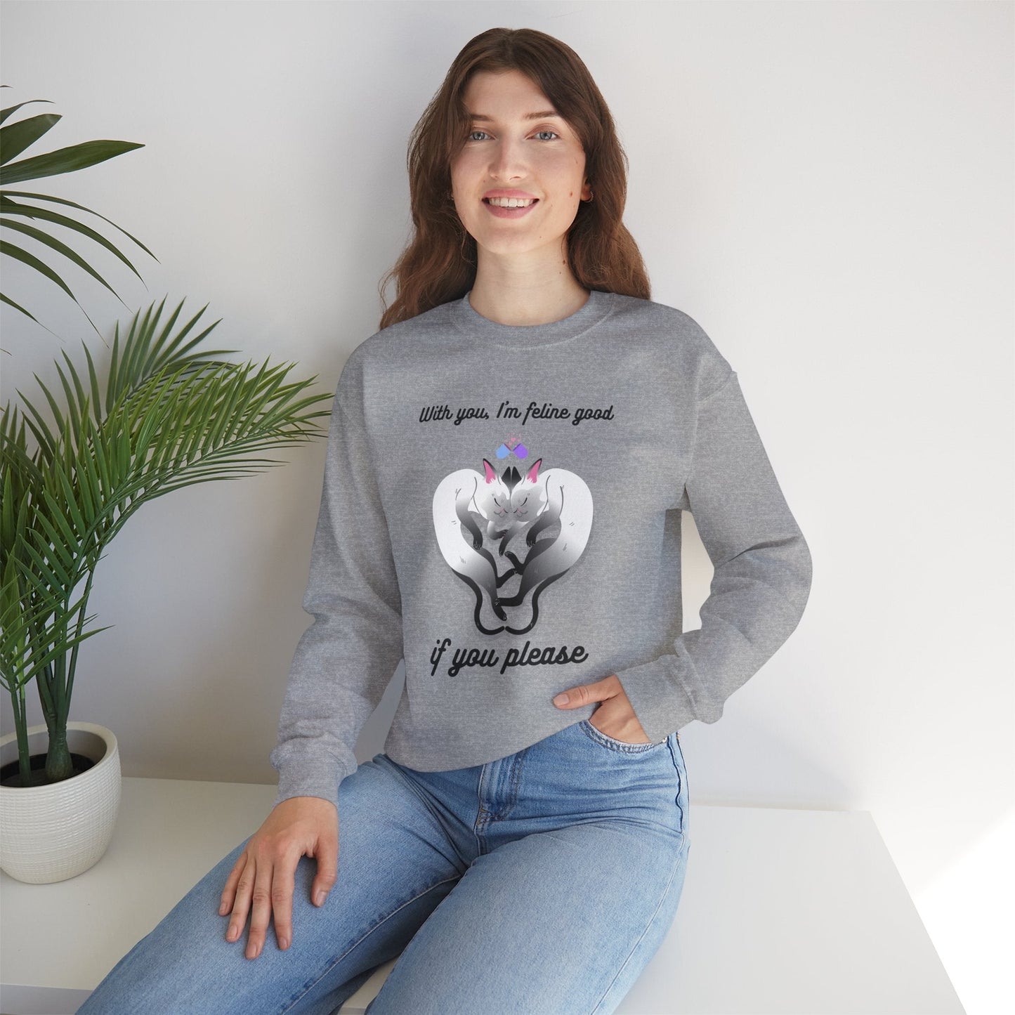 Double Cat Heart Sweatshirt Unisex Fifty Fifty Cotton Poly Valentines Day Sweatshirt