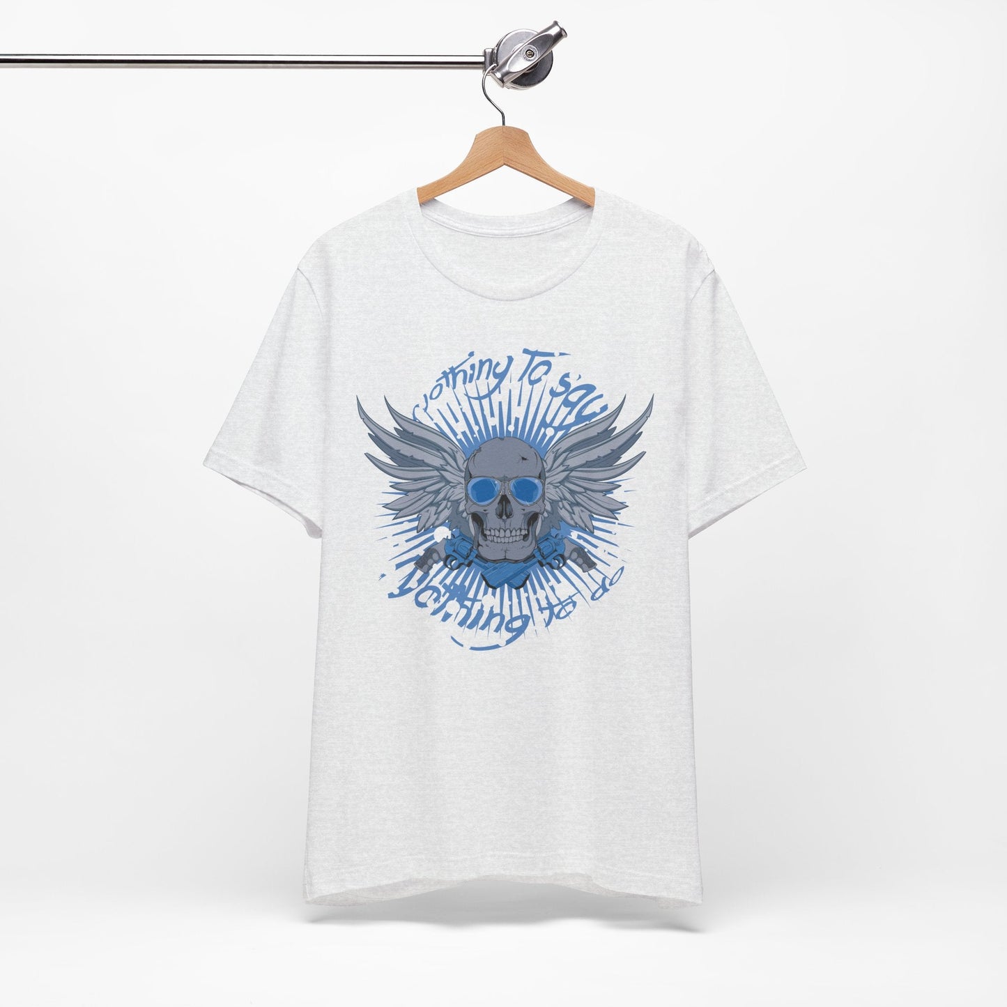 Winged Skull Graphic Tee | Blue Skull with Wings, Radiant Burst
