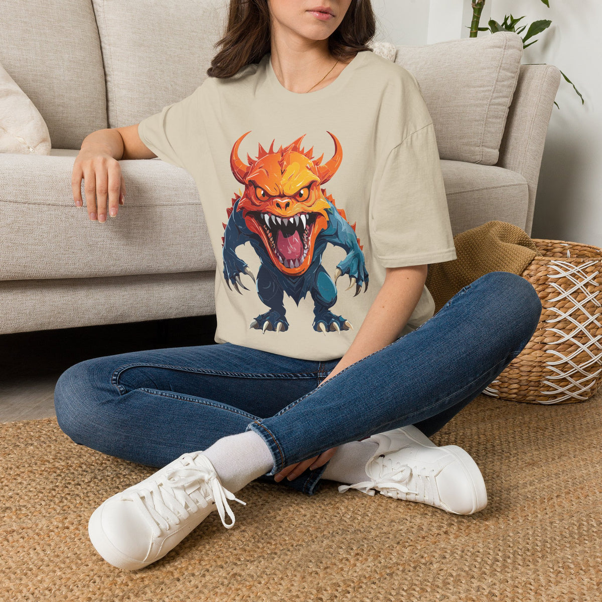 Monster Roar T‑Shirt — Fierce Orange Dragon Cartoon Graphic Tee Unisex 100 Cotton Gildan T-Shirt