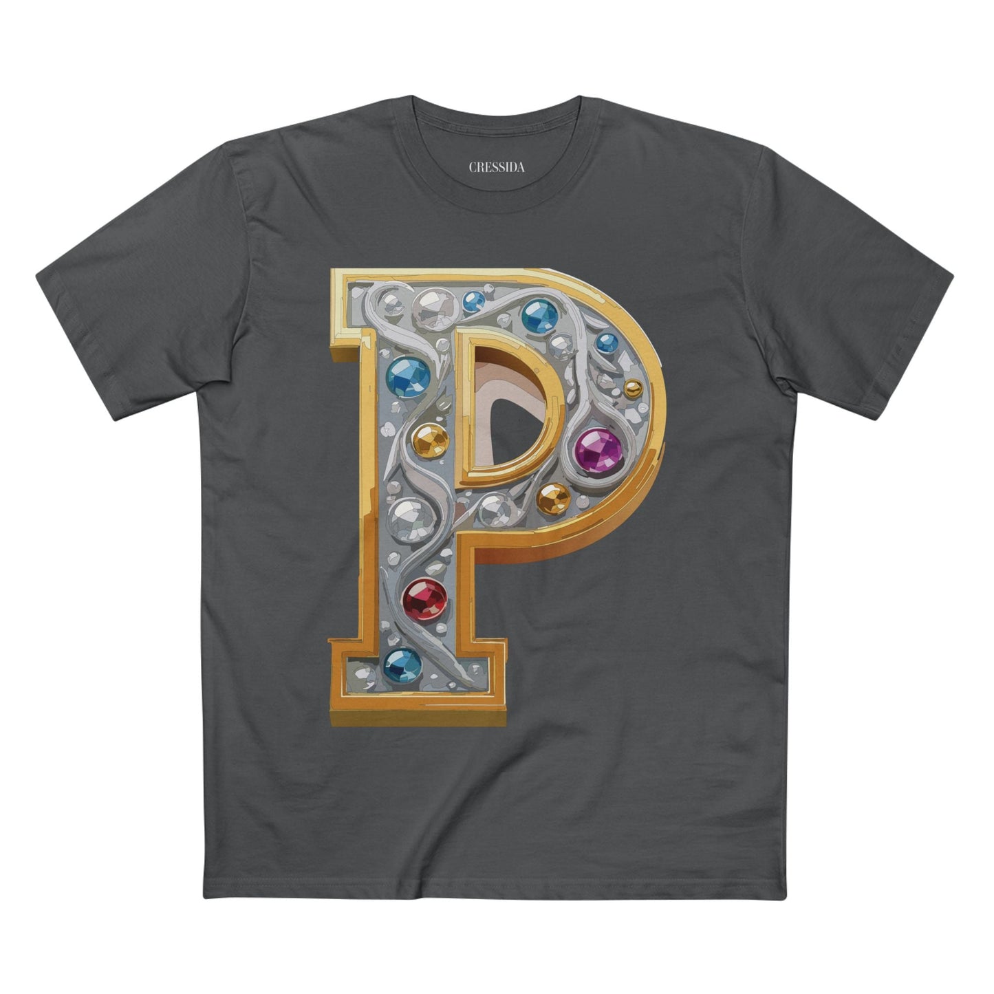 Letter P Graphic Design Tee Unisex 100 Cotton With Antique Gold Letters Artwork T-Shirt