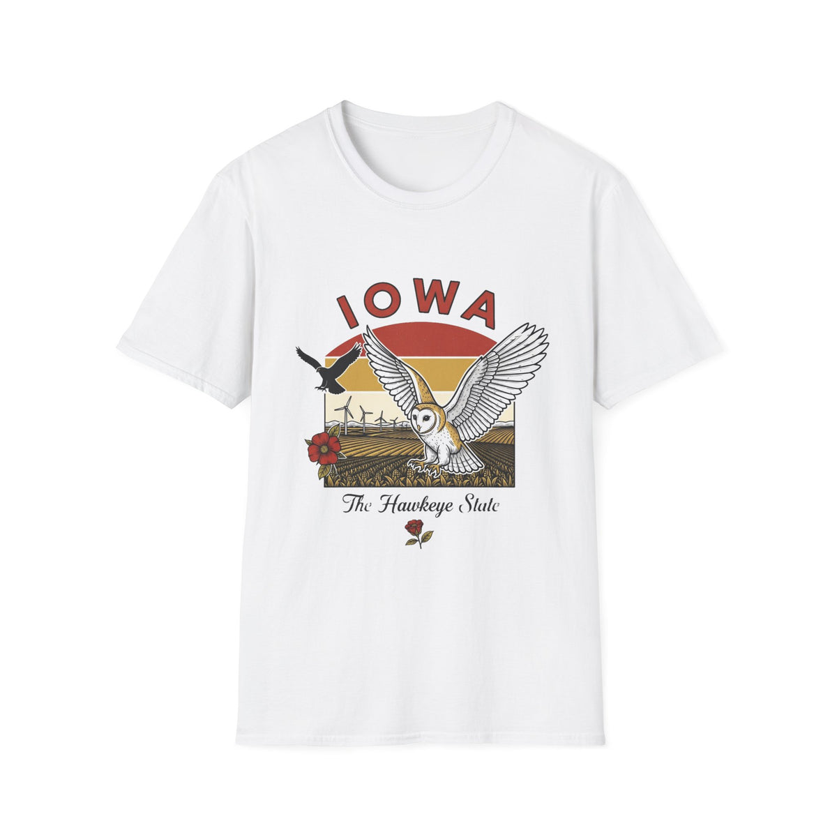Iowa Barn Owl Tee — The Hawkeye State Vintage Sunset Tee Travel Tourist Graphic Design Unisex 100 Cotton Gildan T-Shirt