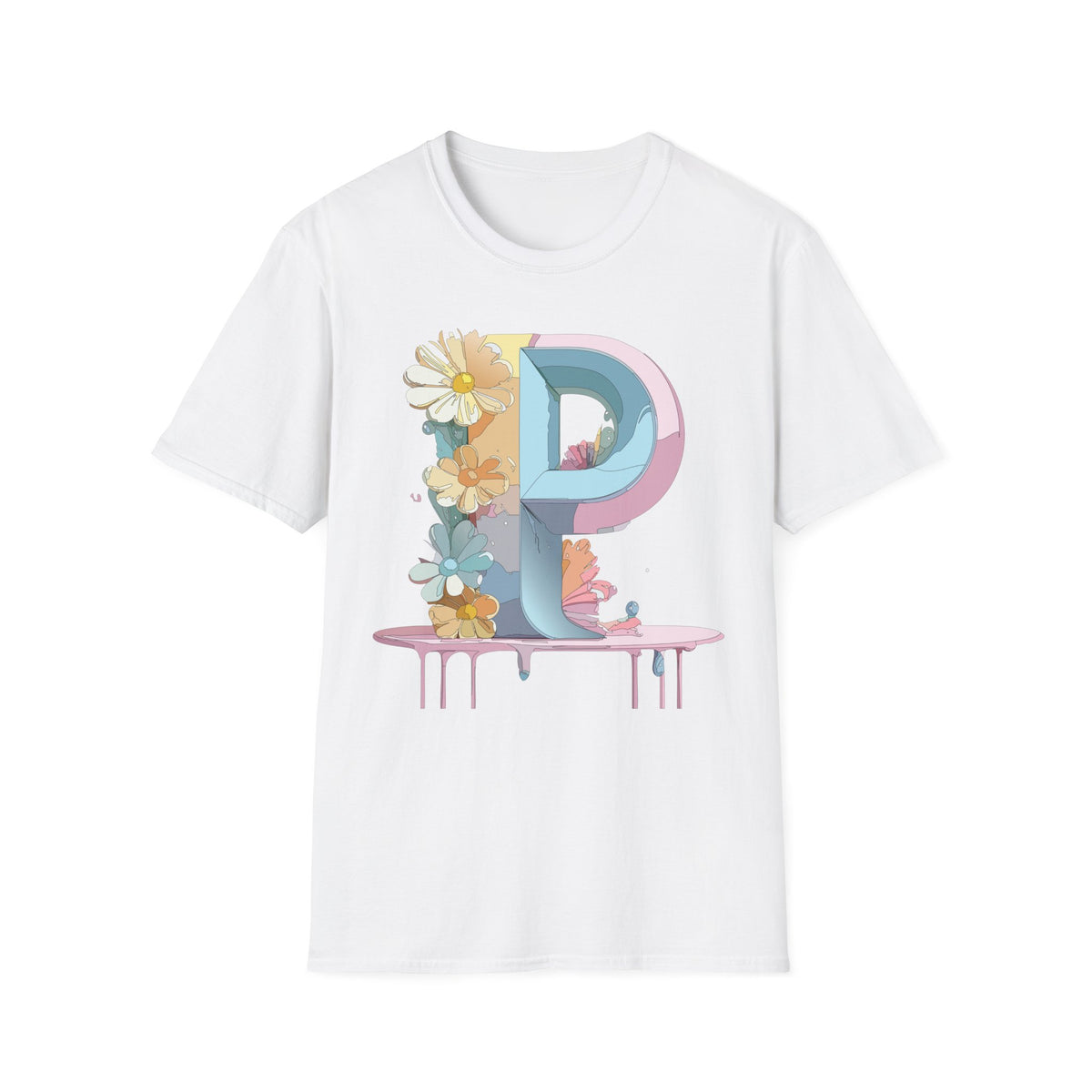 Letter P Floral Monogram T-Shirt | Pastel Daisy Initial Tee