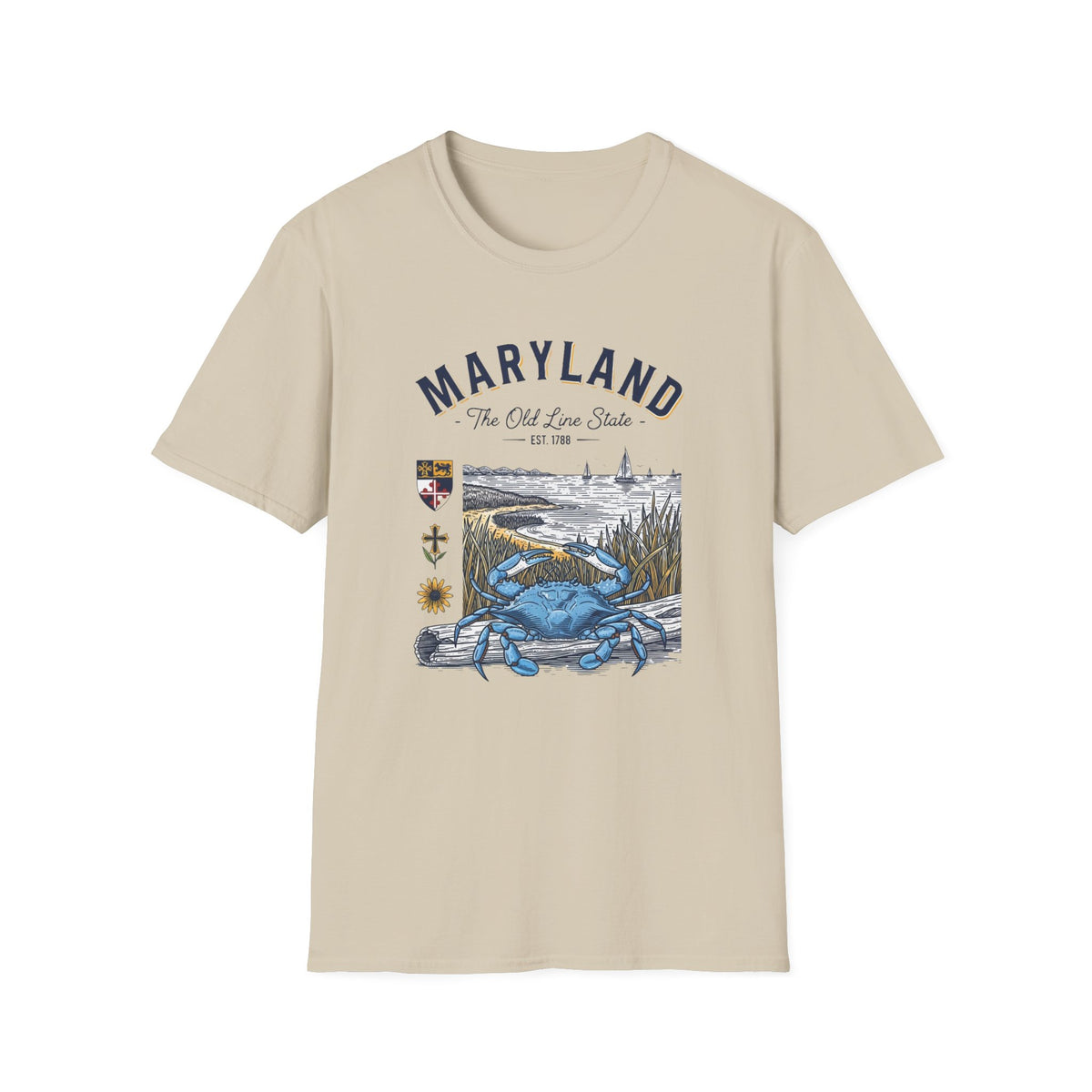 Maryland Blue Crab Scenic T-Shirt — The Old Line State Coastal Design Travel Tourist Graphic Design Unisex 100 Cotton Gildan T-Shirt