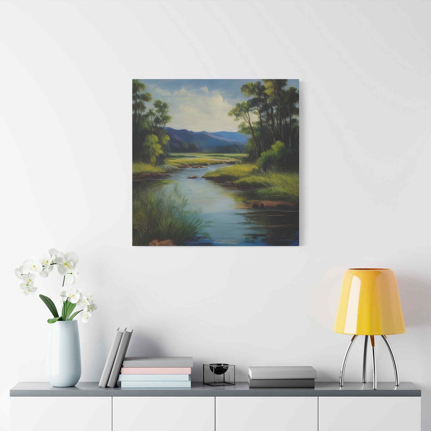 River Print Canvas, Landscape Oil Paint Print 20x20, 24x24, 30x30, 32x32, 36x36 Art Design Print Pine-Wood Inner Frame MC-54