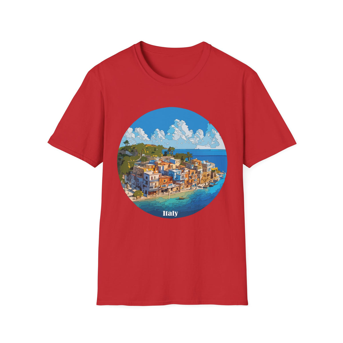 Coastal Italy Village Illustration T-Shirt | Mediterranean Seaside Graphic Tee