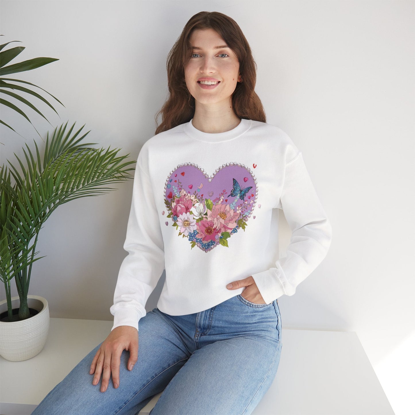 Floral Heart Sweatshirt Unisex Crewneck Valentines Day Heavy Blend Gildan 18000 Cozy Warm
