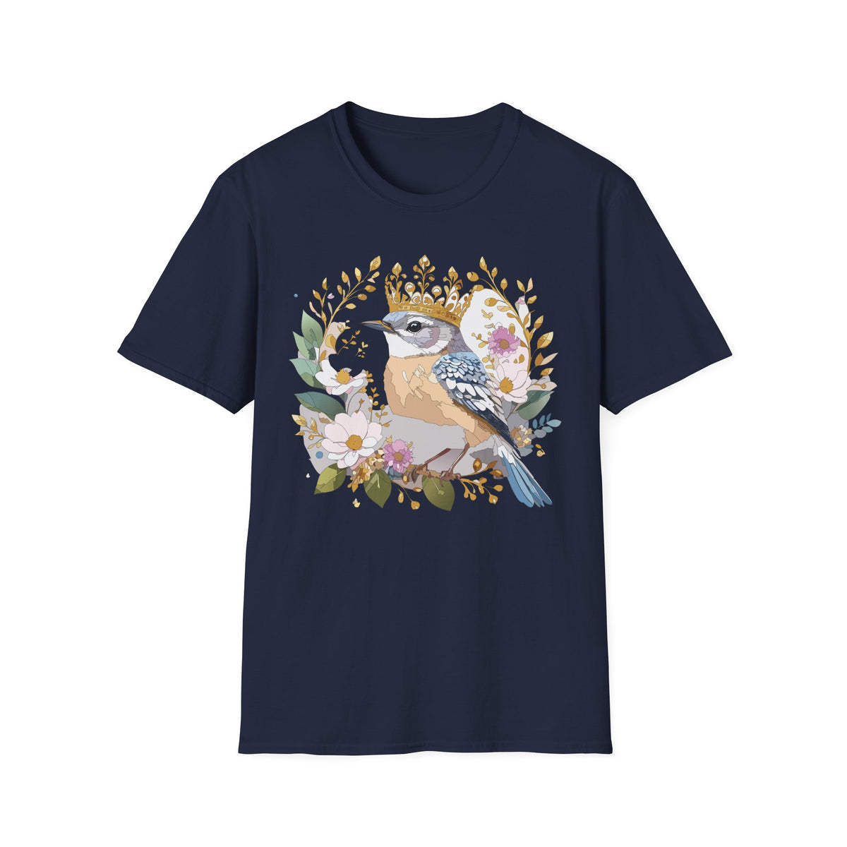 Blue Jay with Floral Wreath and Crown T-Shirt | Bird Illustration