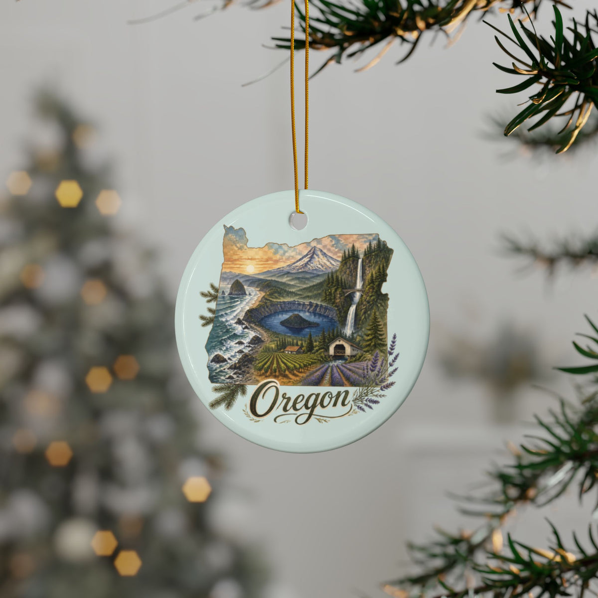 Oregon State Landscape Ceramic Ornament | Round Double-Sided Holiday Ornament - 2.99" Includes Gold String
