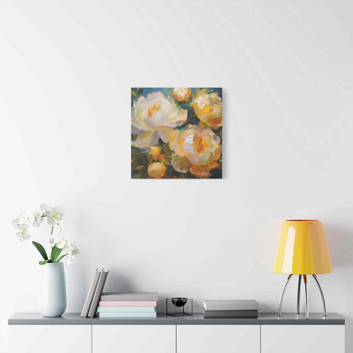 Cream Peonies Print Canvas, Floral Oil Paint Print 20x20, 24x24, 30x30, 32x32, 36x36 Art Design Pine-Wood Inner Frame MC-125