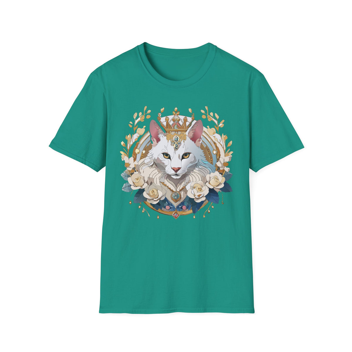 Regal White Cat Illustration T-Shirt | Crowned Feline, Floral Frame